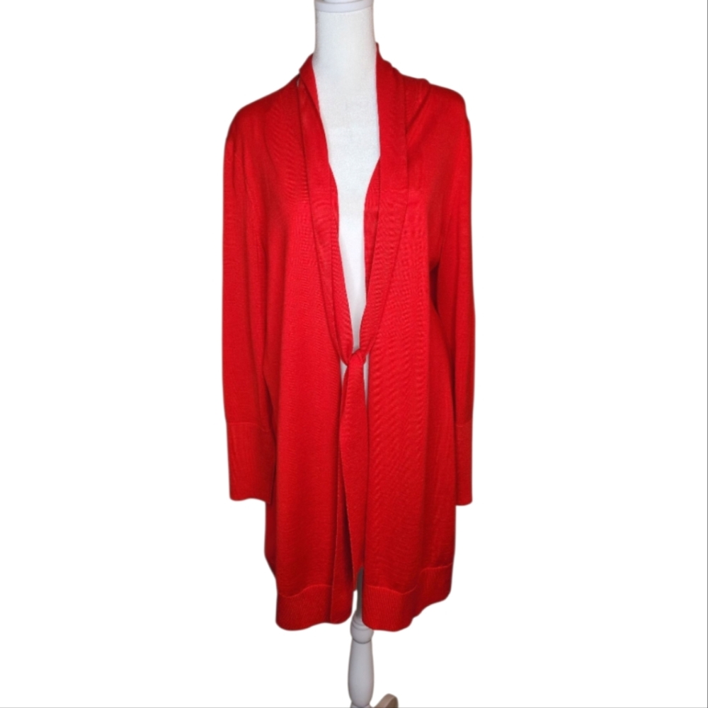 Lafayette 148 Wool Silk Back Long Open Cardigan with Tie Neck Red Size Large